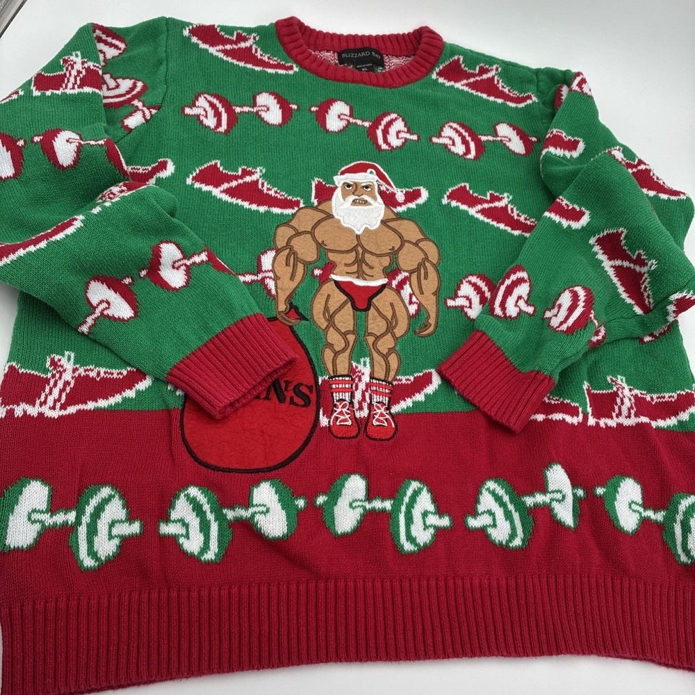 Blizzard Bay Mens XL Ugly Christmas Sweater Buff Santa Gains Gym Weights ME20078